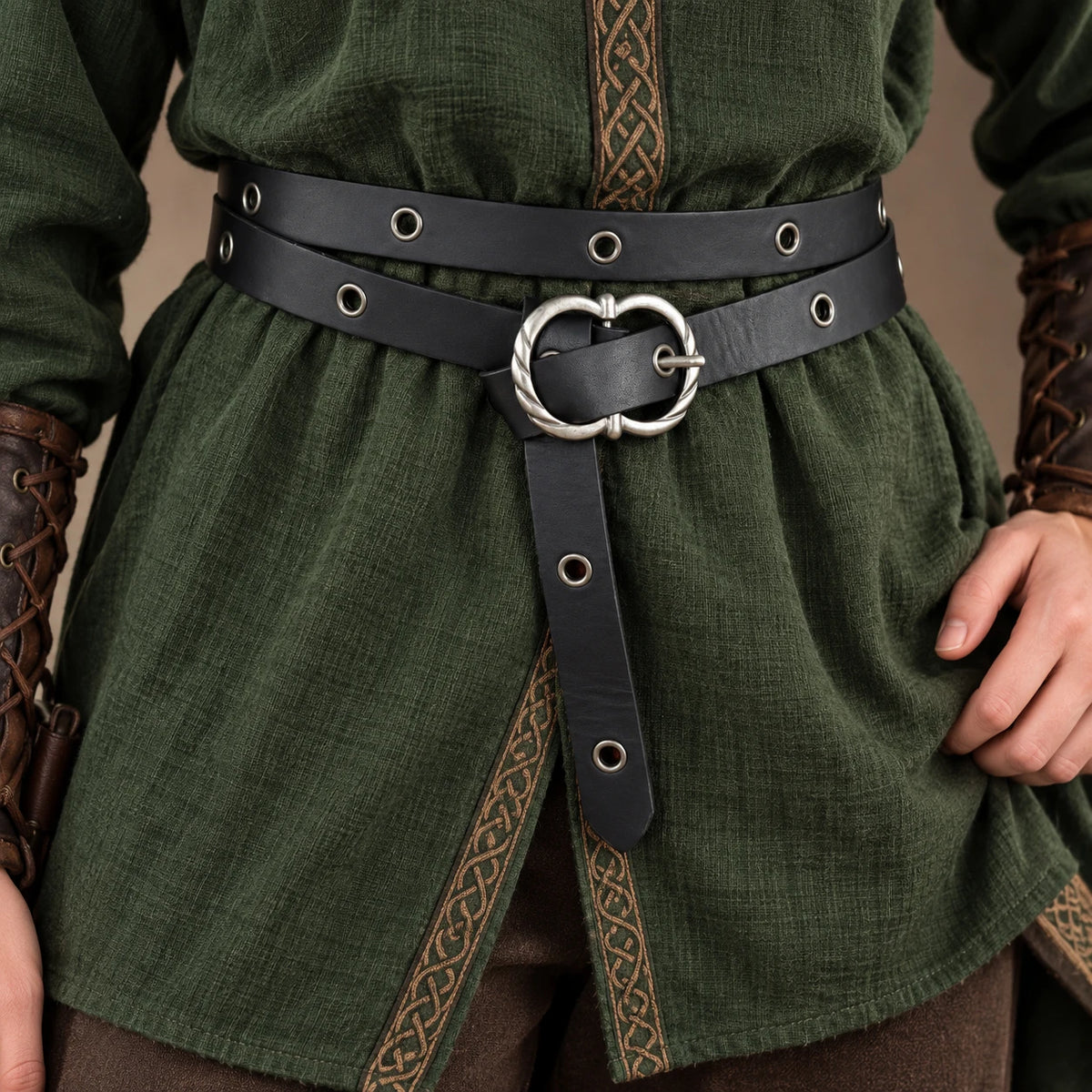 Vintage PU Leather Double Waist Belt for Women, Brown Medieval Long Tail Belt with Antique Brass Ring Buckle, Renaissance Viking