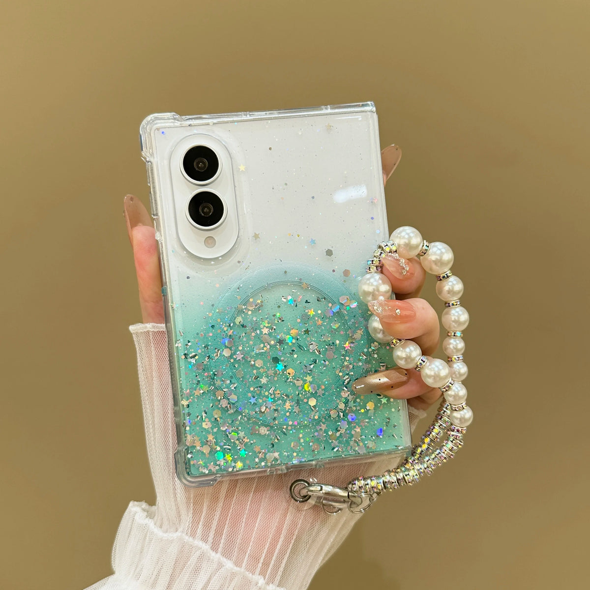 Luxury Gradient Glitter Sequins Pearl Wristband Bracelet Phone Case For Samsung Galaxy Z Fold 8 Wireless Charge Anti-slip Case