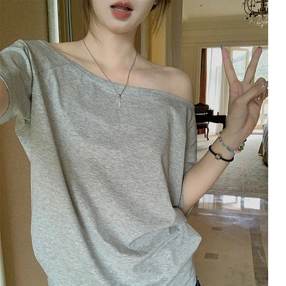 Autumn Winter One Shoulder Cotton Long Sleeve Slant Shoulder Women's Clothing Style Interior Wide Truffle Shoulder Base Shirt