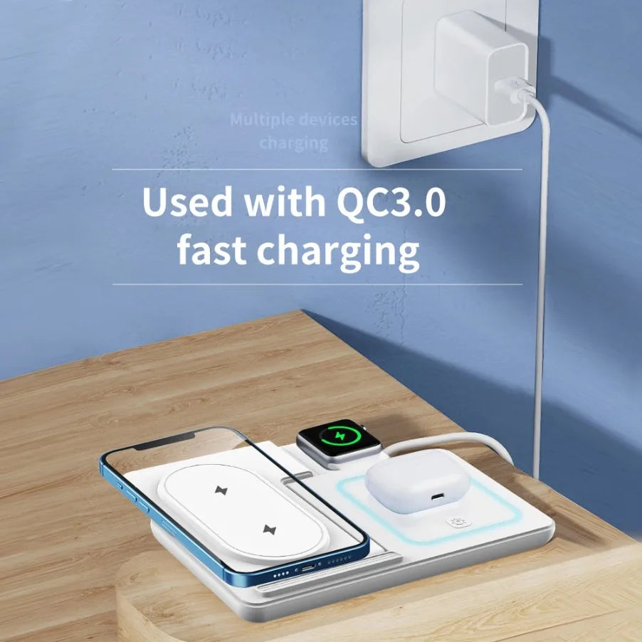 3 in 1 Foldable Night LED Light Wireless Charger Stand For iPhone Samsung Apple Watch 2-8 SE Airpods Pro Fast Charging Station