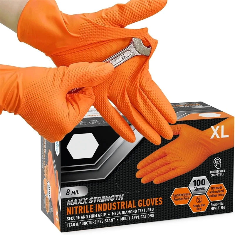 Heavy Duty Orange Nitrile Gloves 8Mil Industrial Disposable Gloves with Diamond Textured Grip for Mechanic Safety &amp; Work Gloves