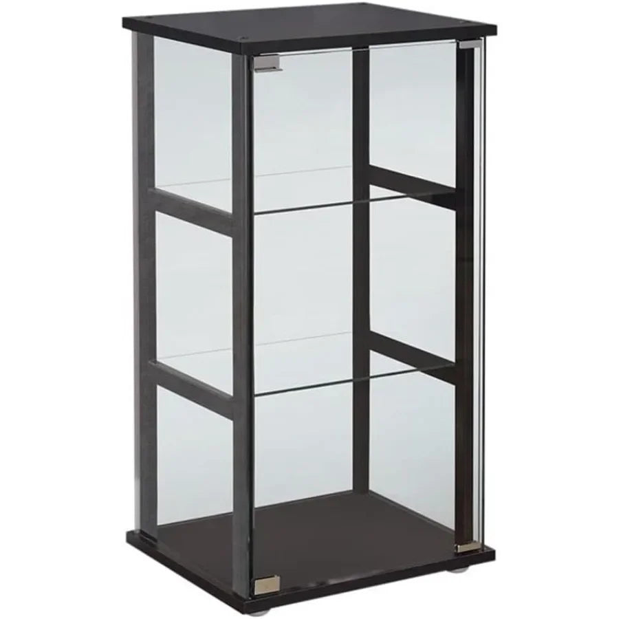 Contemporary 3-shelf glass curio cabinet for home decor, pine and particle board with black finish, tempered glass shelves, mod