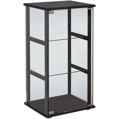 Contemporary 3-shelf glass curio cabinet for home decor, pine and particle board with black finish, tempered glass shelves, mod
