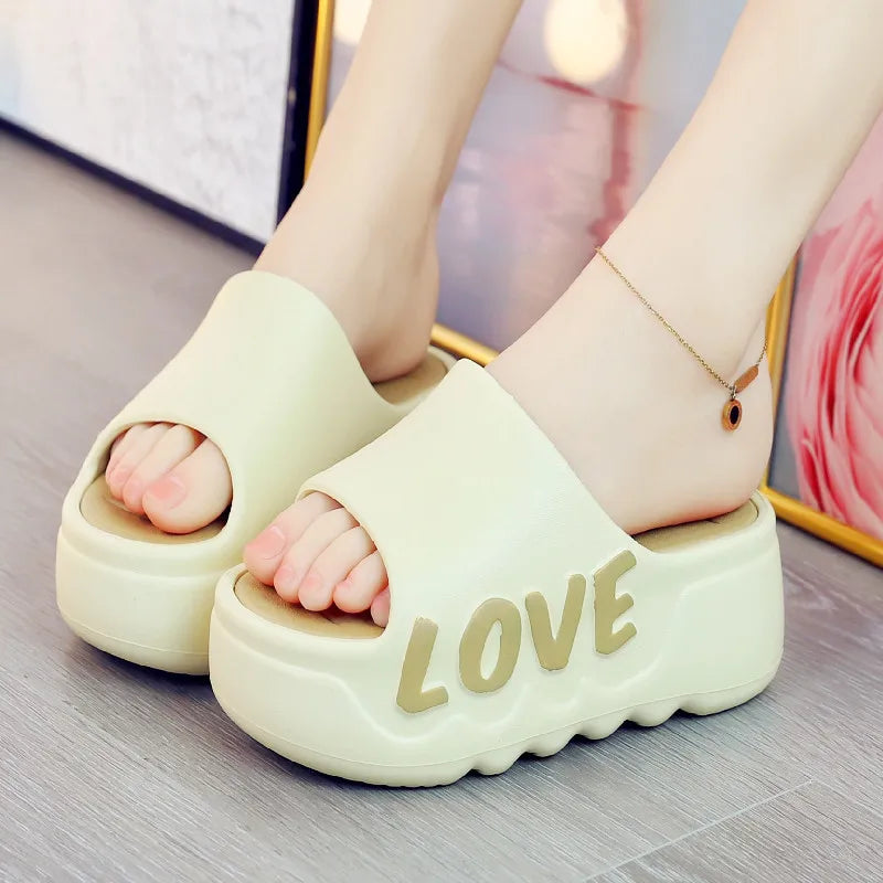 High Heels 6cm Platform Slippers Summer Soft EVA Shoes Anti-slip Flip flops Women Outdoor Comfort Sandals Green Love Slides Shoe