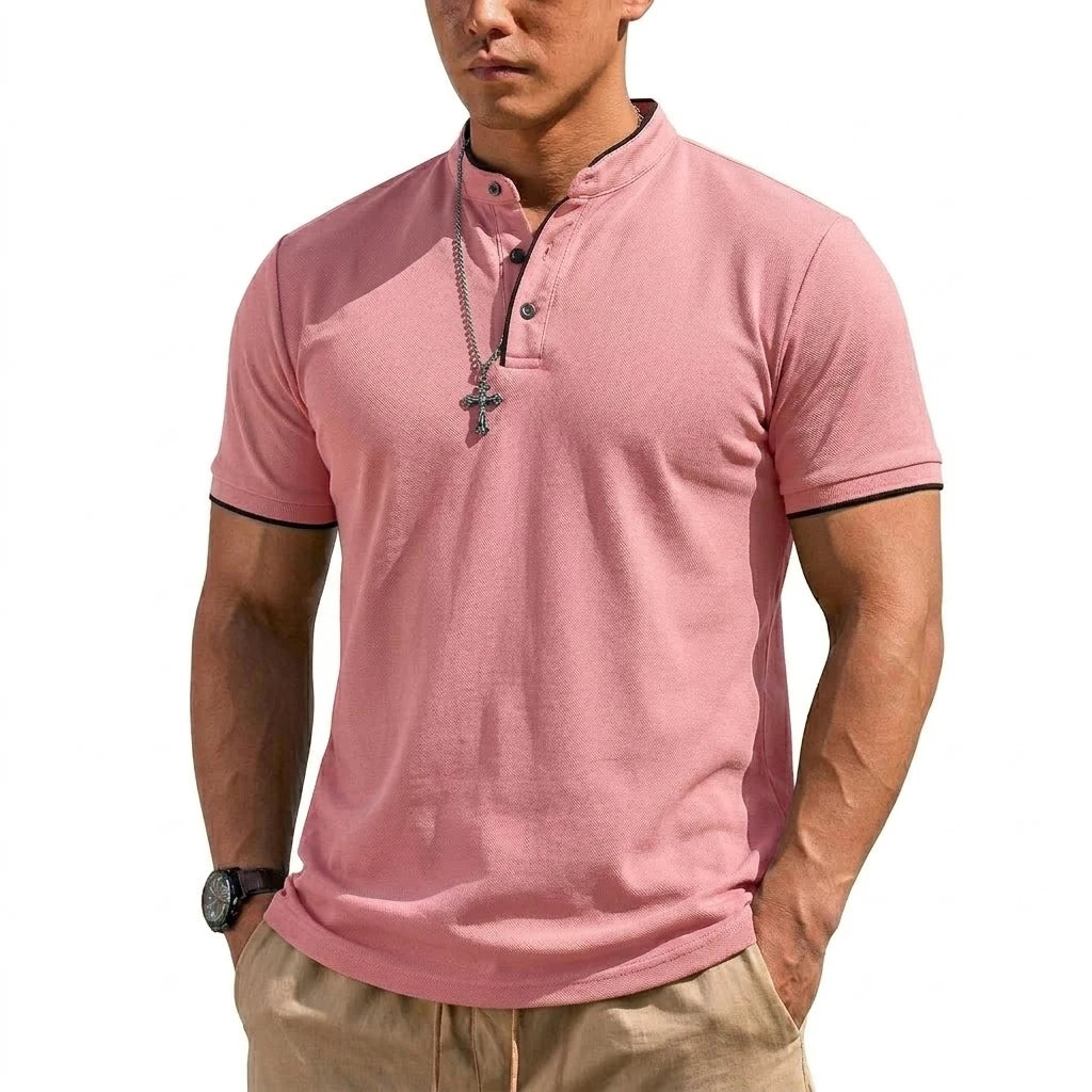 Summer Short Sleeve Henley Shirt Men Button Polo Shirts Classic Collarless T-Shirts for Men Luxury Breathable Hiking T-shirt Gym