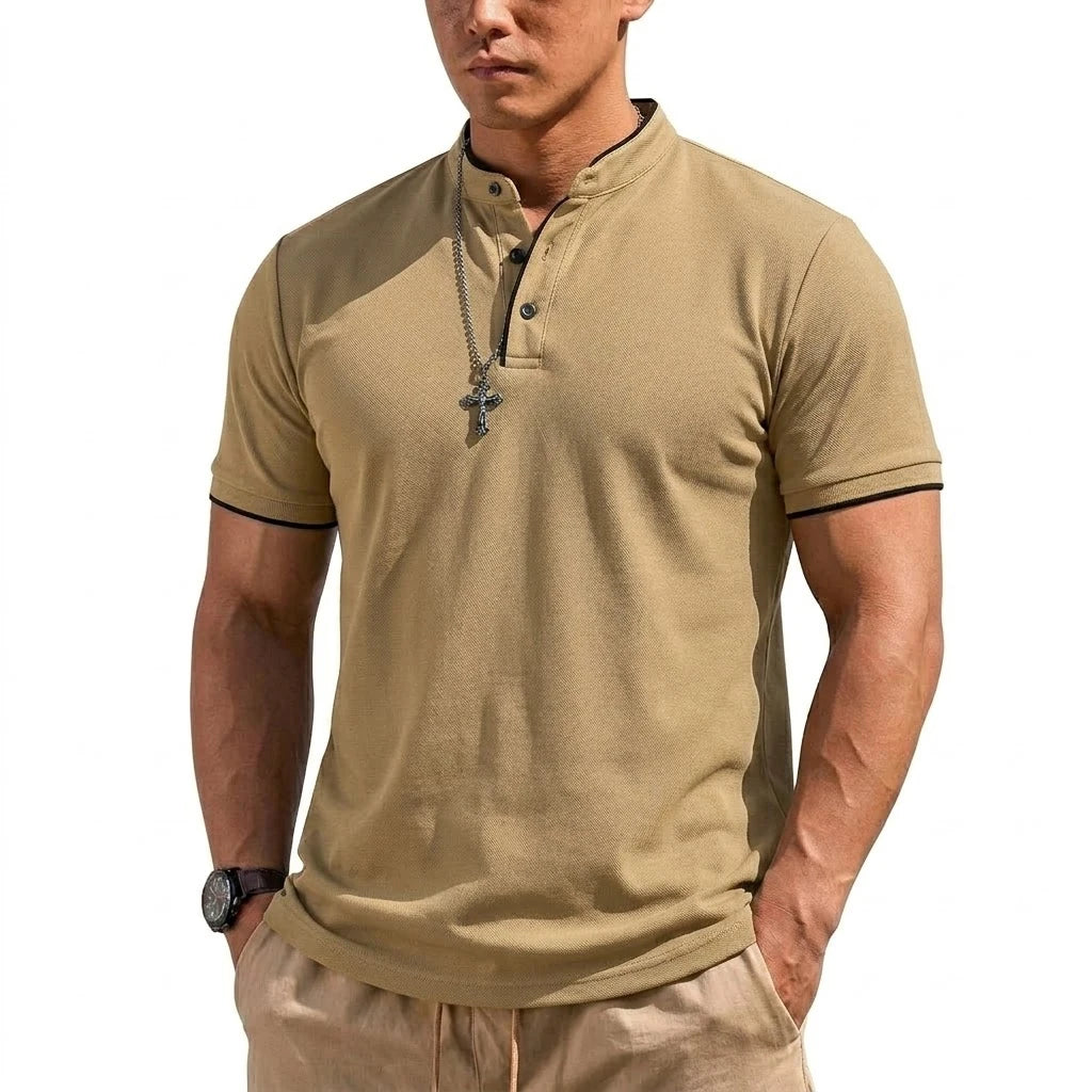 Summer Short Sleeve Henley Shirt Men Button Polo Shirts Classic Collarless T-Shirts for Men Luxury Breathable Hiking T-shirt Gym