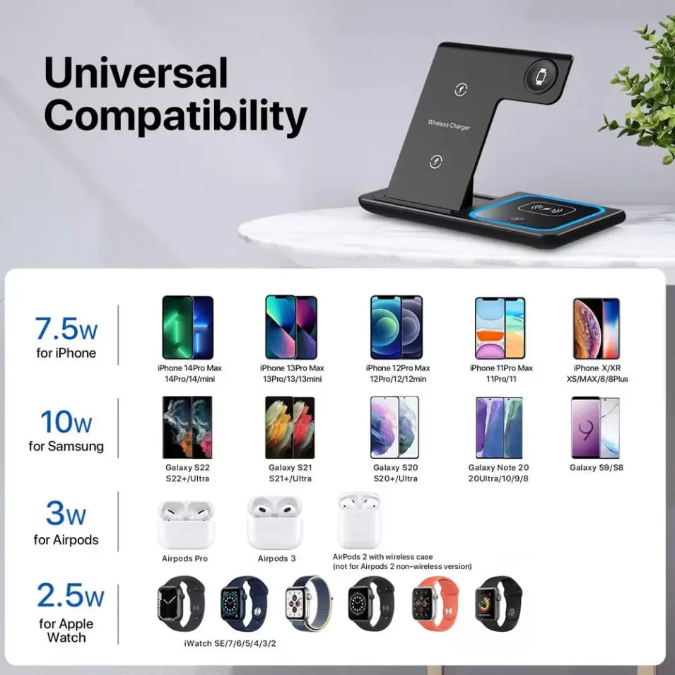 Fast Wireless Charger Charging Station Foldable Stand 3 in 1 for Samsung iPhone 17 16 15 18 14 13 12 Apple Watch 9 8 7 AirPods Xiaomi Huawei Type C Data Cable