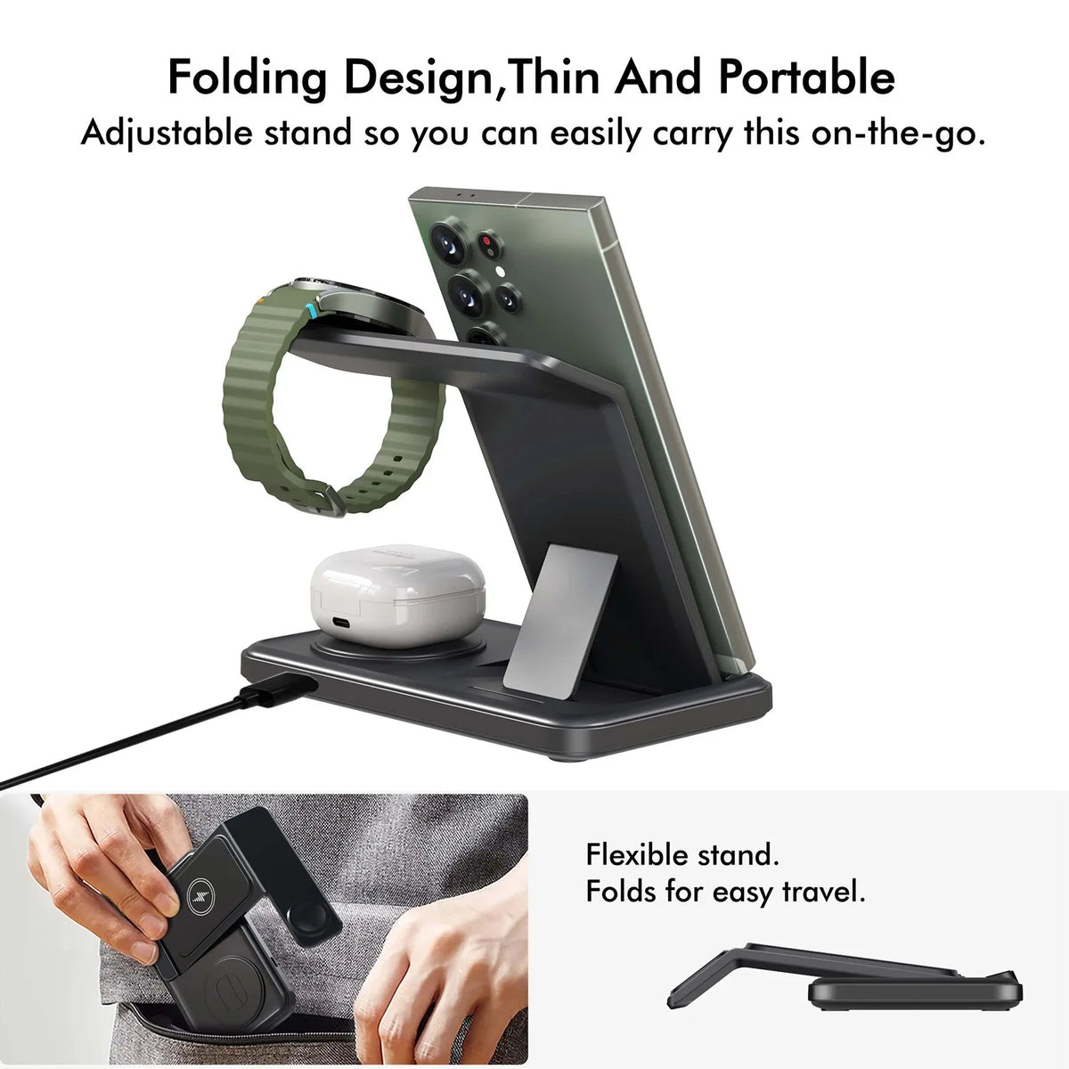 Desktop 3-in-1 Wireless Charger Station For Samsung S25 S24 S23 S22 Galaxy Watch 8 7 6 5 4 3 Buds3 Pro/Buds Pro2 Fast Charging