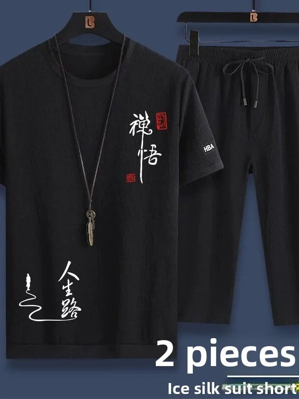 Casual Ice Silk Thin Short Sleeve Men's Sportswear Summer Set Trendy Clothes Handsome Matched Youth Seven-Piece Pants