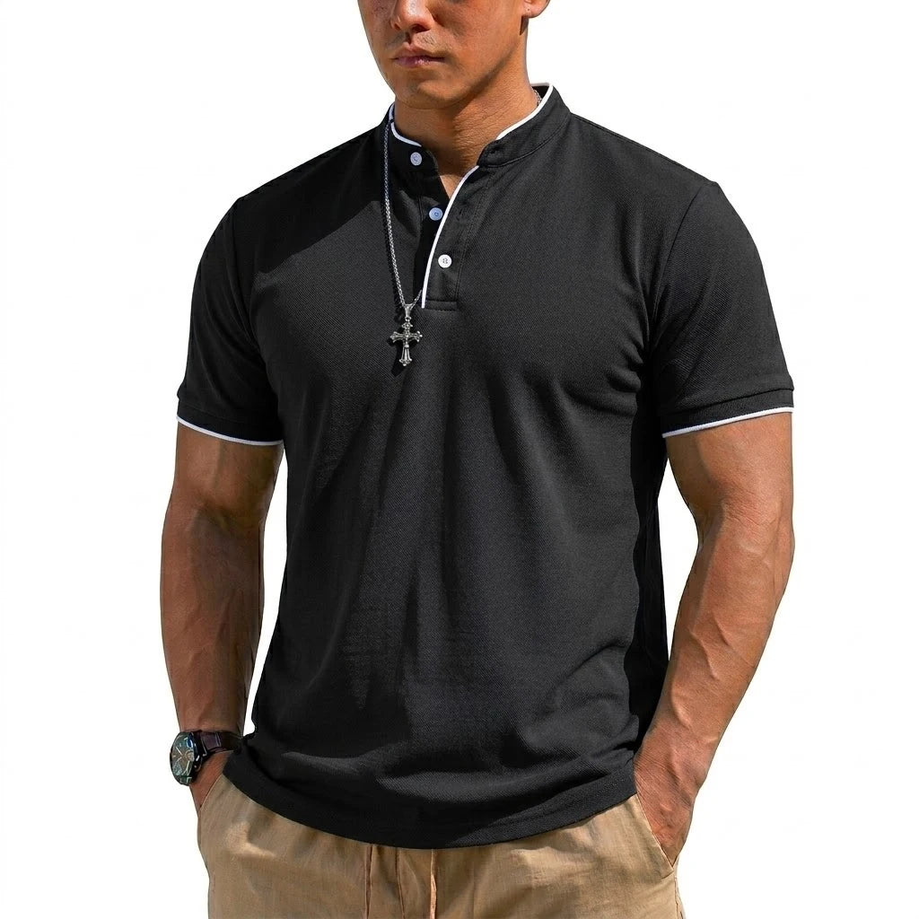 Summer Short Sleeve Henley Shirt Men Button Polo Shirts Classic Collarless T-Shirts for Men Luxury Breathable Hiking T-shirt Gym