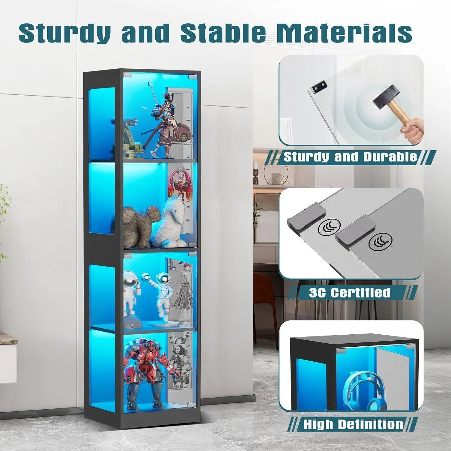 Display Cabinet with Glass Doors, 4-Tier Display Case with RGB Lights, Glass Toy Display Cabinet for Collectible, Curio Cabinet