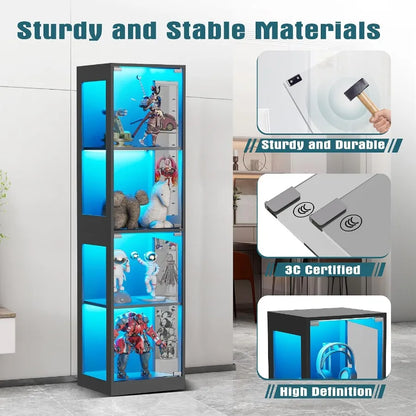 Display Cabinet with Glass Doors, 4-Tier Display Case with RGB Lights, Glass Toy Display Cabinet for Collectible, Curio Cabinet