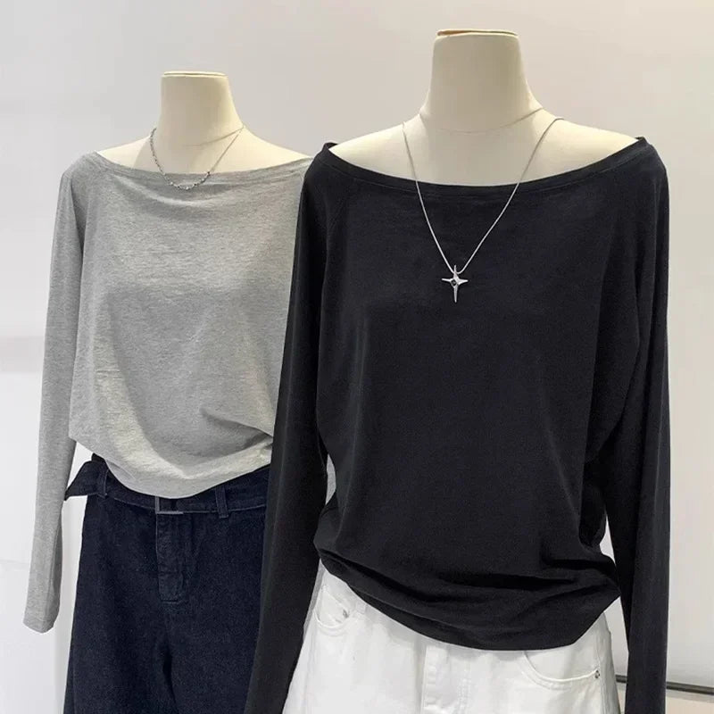 Autumn Winter One Shoulder Cotton Long Sleeve Slant Shoulder Women&