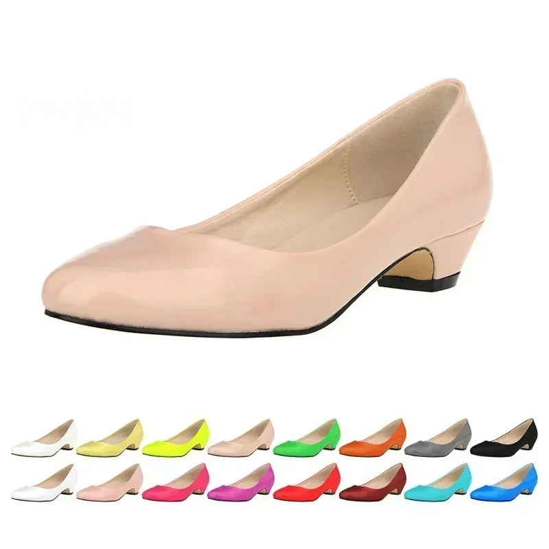 Women Wedge Pumps Autumn Casual Comfort Dress Round Toe Shallow Thick Low High Heels Office Slip-on Patent Leather Wedding Shoes