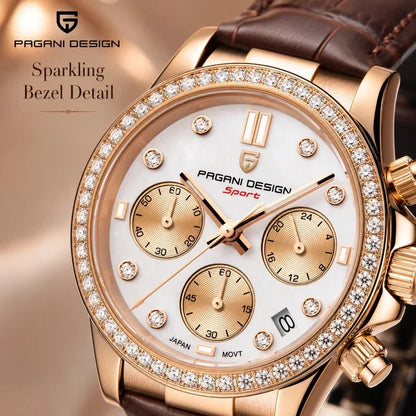 PAGANI DESIGN Women Chronograph Quartz Watch Rose Gold Luxury Sapphire Stainless Steel Elegant Sports Ladies Wristwatch
