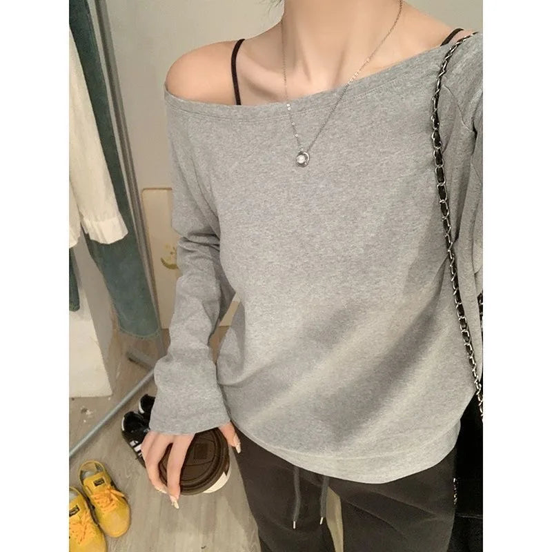 Autumn Winter One Shoulder Cotton Long Sleeve Slant Shoulder Women's Clothing Style Interior Wide Truffle Shoulder Base Shirt