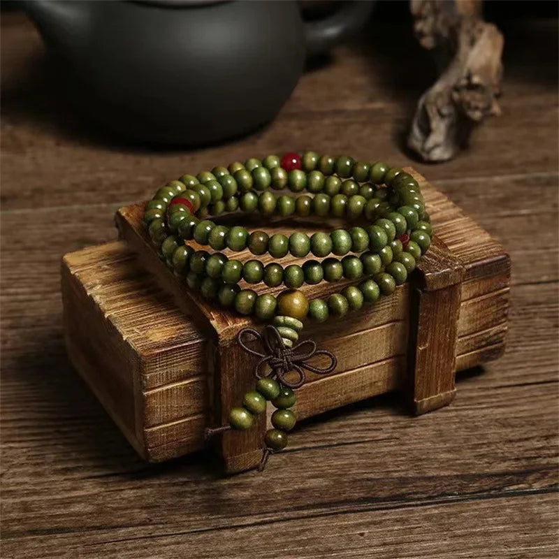 Natural Chinese Sandalwood 108 Prayer Beads Mala Bracelet Necklace 6mm Buddhist Buddha Rosary Elastic Wrist Jewelry Luck Amulet