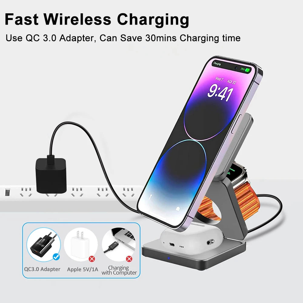 3 in 1 Foldable Magnetic Wireless Charger Stand for iPhone 16 15 14 13 12 Pro Max Apple Watch 9 8 7 Fast Charging Station