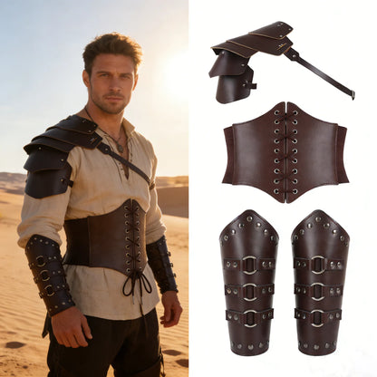 Medieval PU Leather Armor Set Pauldron Corset Waist Belt Bracers Men Viking Knight Pirate Cosplay Accessories Halloween Party