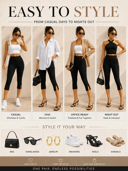 Black High Waist Split Hem Slimming Capri Leggings Fitted Knee Length Biker Shorts For Women Daily Casual Streetwear Workout