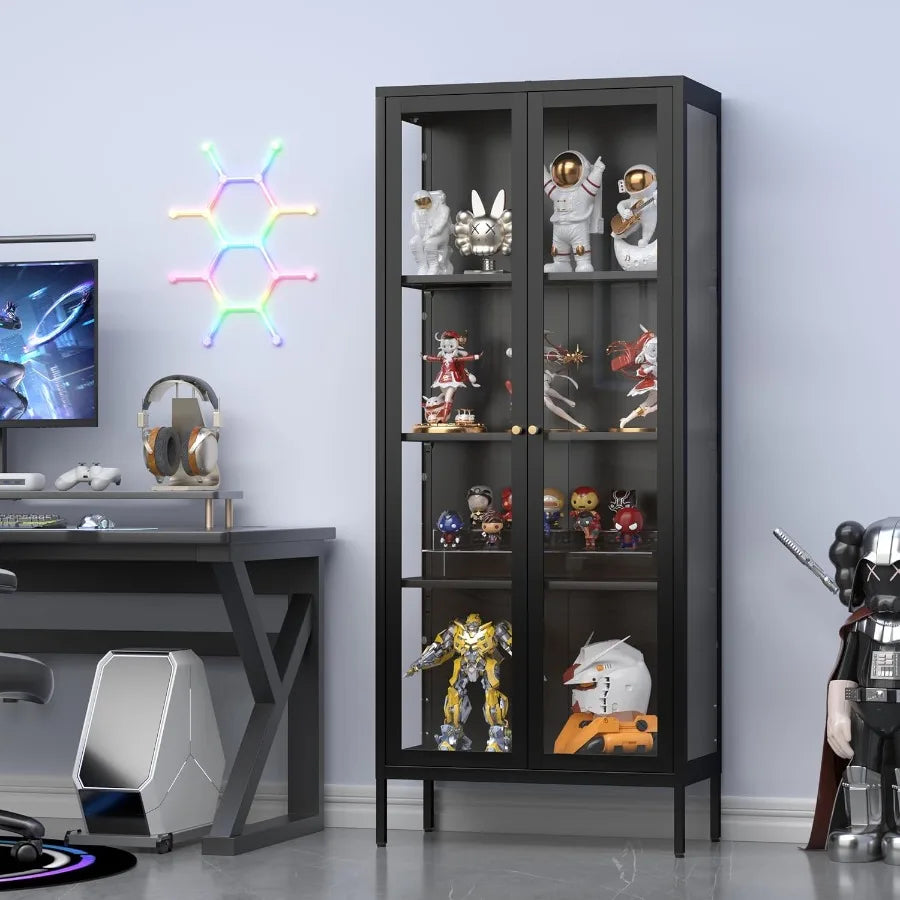 Glass Display Cabinet 4-Tier for Living Room, Tempered Glass Doors, Black Finish, Adjustable Shelves and LED Lighting