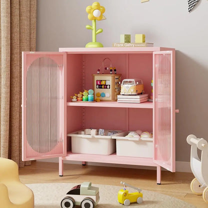 Small 2 Transpanrent Door Metal Storage Side Buffet Cabinet for Room,Entryway,Hallway,Kitchen,1 Removable Shelf. (Pink, Transparent Door)
