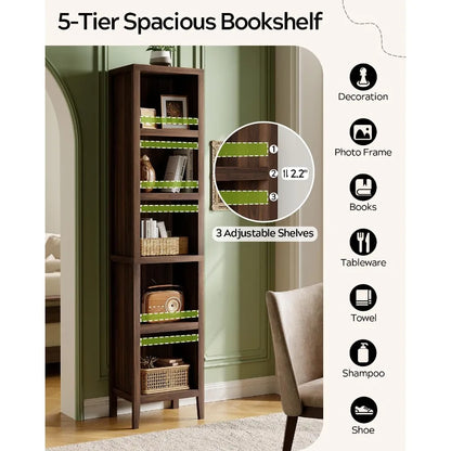 71 Tall Narrow Bookcase, 5-Tier Display Bookshelf for Living Room, Metal Frame with Wood Veneer, Black Finish, Space-Saving Des