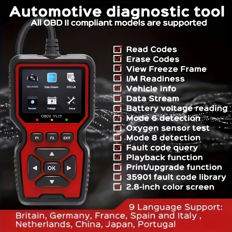 V519 Professional Obd2 Scanner - Usb-Powered Car Diagnostic Tool with Real-Time Data Stream, Full-Featured Obd Ii Testing (I/M Ready, Bod2/Eobd), Clears Engine Fault Lights, Reads/Erases Codes for Most Vehicles, Car Maintenance, Ergonomic Design, Durable