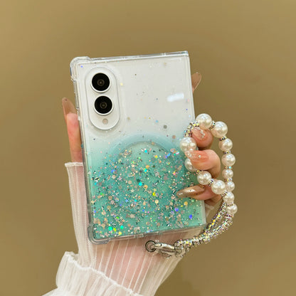 Luxury Gradient Glitter Sequins Pearl Wristband Bracelet Phone Case For Samsung Galaxy Z Fold 8 Wireless Charge Anti-slip Case