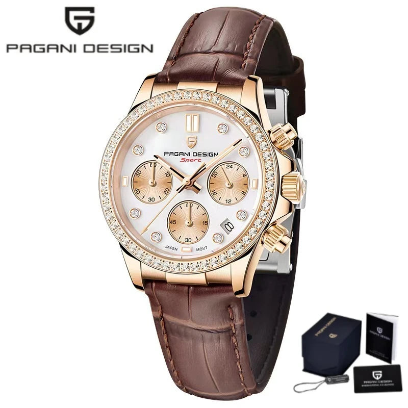 PAGANI DESIGN Women Chronograph Quartz Watch Rose Gold Luxury Sapphire Stainless Steel Elegant Sports Ladies Wristwatch