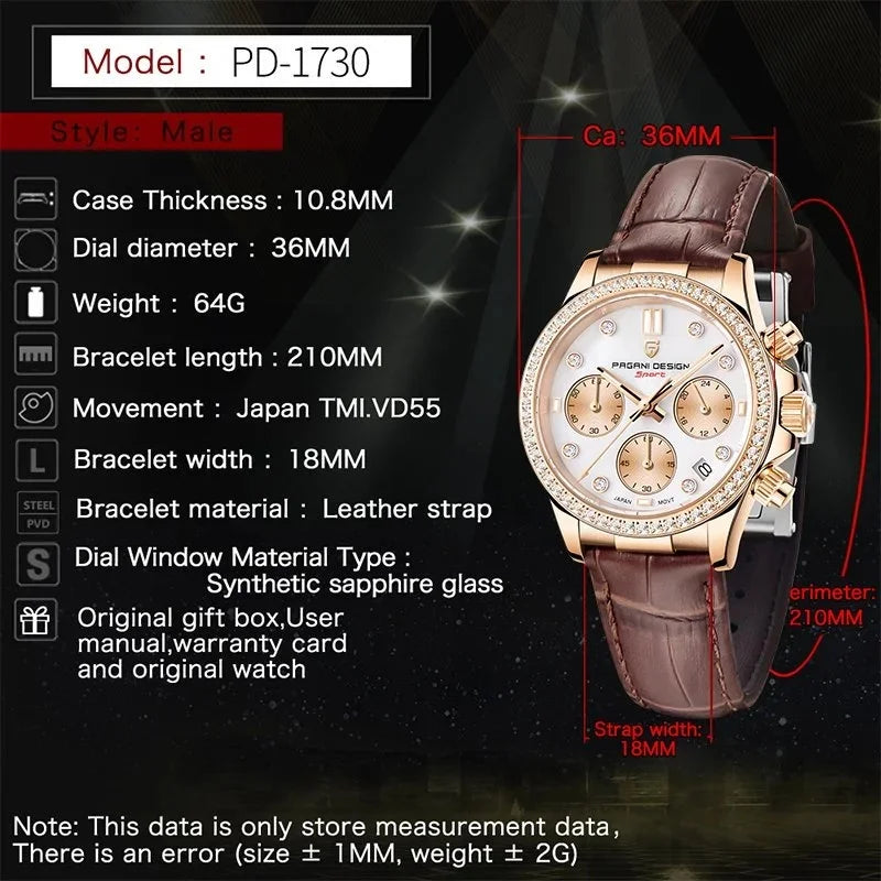 PAGANI DESIGN Women Chronograph Quartz Watch Rose Gold Luxury Sapphire Stainless Steel Elegant Sports Ladies Wristwatch