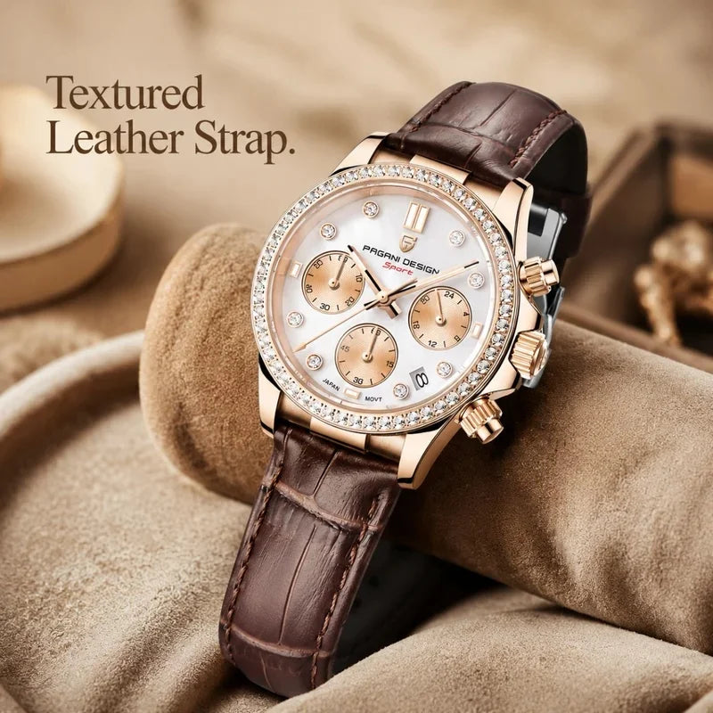 PAGANI DESIGN Women Chronograph Quartz Watch Rose Gold Luxury Sapphire Stainless Steel Elegant Sports Ladies Wristwatch