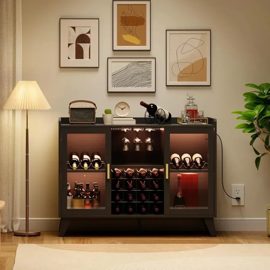 Bar Cabinet with LED Lights for Wine Storage, Black Acrylic Doors, Modern Illuminated Design