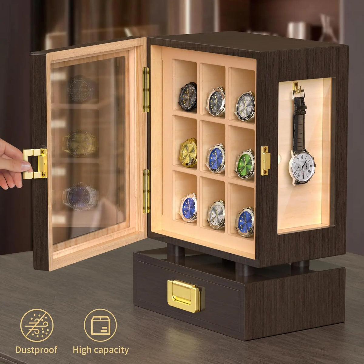Custom Rectangle Wooden Watch Storage Box Solid Walnut Display Case Drawer Waterproof Large Capacity Modern Watch Organizer For
