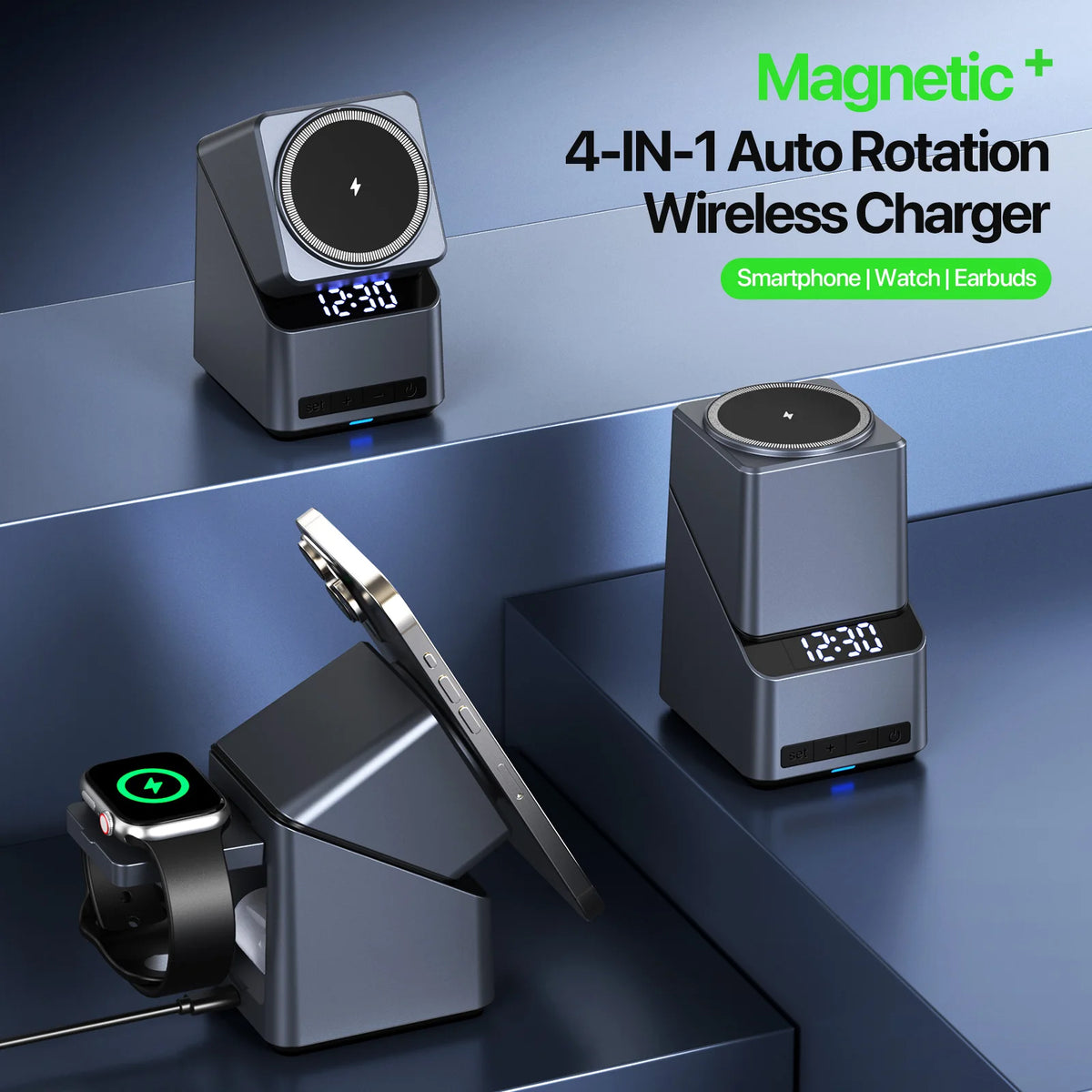 Magnetic 4 in 1 Auto Rotation Wireless Charger Fast Charging Up To 15W for Iphone 16 15 14 13 Pro Max, Iwatch, Airpods Pro