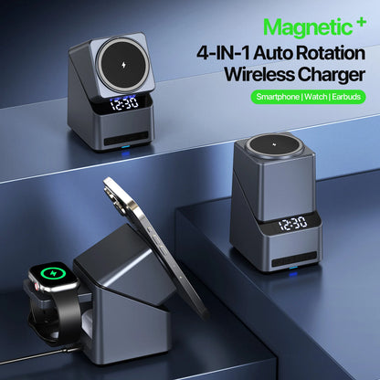 Magnetic 4 in 1 Auto Rotation Wireless Charger Fast Charging Up To 15W for Iphone 16 15 14 13 Pro Max, Iwatch, Airpods Pro