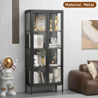Glass Display Cabinet 4-Tier for Living Room, Tempered Glass Doors, Black Finish, Adjustable Shelves and LED Lighting