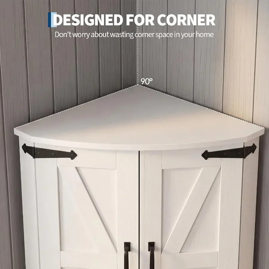 64.8 Tall Corner Cabinet with Doors for kitchen use, MDF material, white finish, soft-close hinges and adjustable shelves