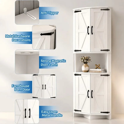 64.8 Tall Corner Cabinet with Doors for kitchen use, MDF material, white finish, soft-close hinges and adjustable shelves