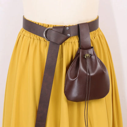 Vintage Medieval PU Leather Belt with Drawstring Pouch Renaissance Long Tail Waist Belt Hanging Bag Pirate Witch LARP Cosplay Ha