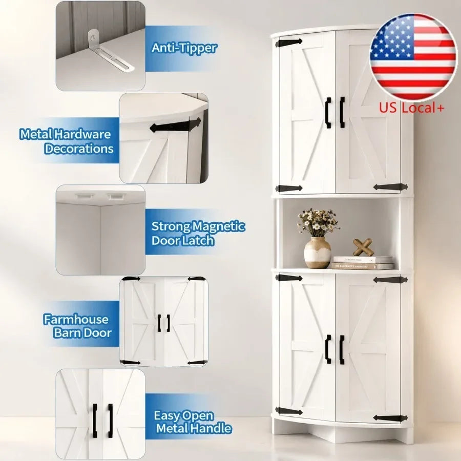 64.8 Tall Corner Cabinet with Doors for kitchen use, MDF material, white finish, soft-close hinges and adjustable shelves