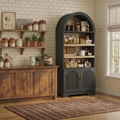71 Tall Arched Kitchen Pantry for Home Storage, MDF with Black Finish, Space-Saving Design and Smooth-Closing Doors
