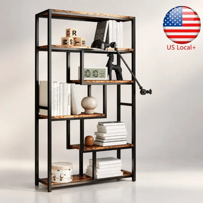Bookshelves 6 Tiers, Industrial Etagere Heavy Duty Shelves for Living Room, Black Metal with Wood, Rustic Style and Adjustable