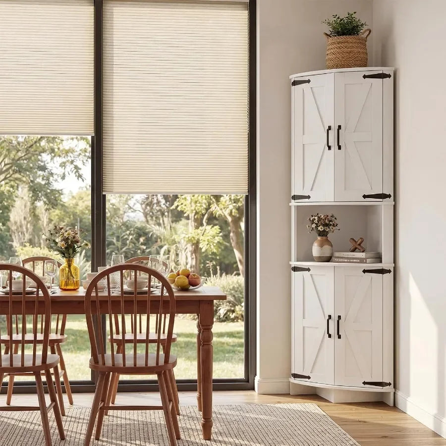 64.8 Tall Corner Cabinet with Doors for kitchen use, MDF material, white finish, soft-close hinges and adjustable shelves