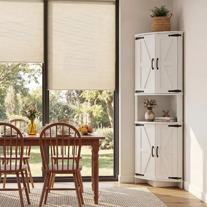 64.8 Tall Corner Cabinet with Doors for kitchen use, MDF material, white finish, soft-close hinges and adjustable shelves