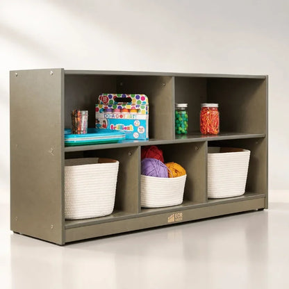 5-Compartment Mobile Storage Cabinet for Toddler and Classroom Furniture, Grey Wash Finish, Durable Wood Construction