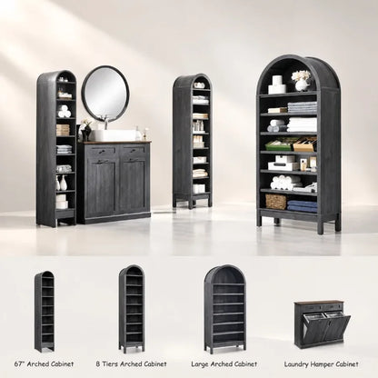 67 Tall Arched Bathroom Storage Cabinet, 8-Tier Modern Farmhouse Wood Freestanding Cabinet with Adjustable Shelves for Bathroom