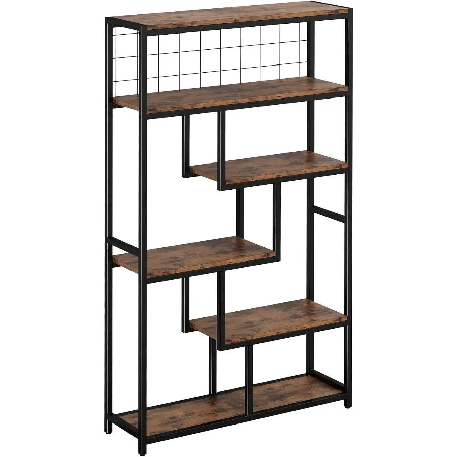 Bookshelves 6 Tiers, Industrial Etagere Heavy Duty Shelves for Living Room, Black Metal with Wood, Rustic Style and Adjustable