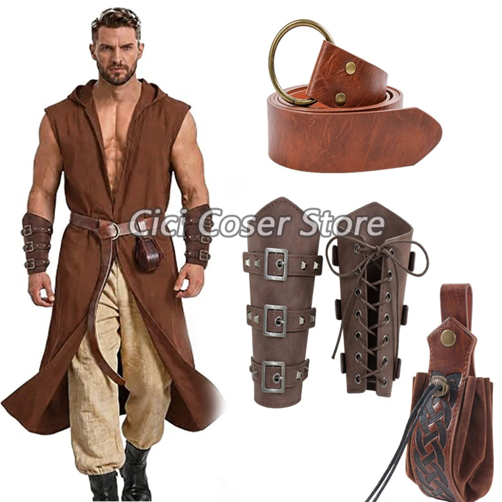 Medieval PU Leather Belt Bracers Waist Pouch Set Viking Knight Pirate Cosplay Accessories Halloween Renaissance Costume Props