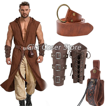 Medieval PU Leather Belt Bracers Waist Pouch Set Viking Knight Pirate Cosplay Accessories Halloween Renaissance Costume Props